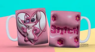 Taza sublimada con plantilla 3D de Angel de Lilo & Stitch con corazón rosa