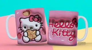 Taza sublimada con plantilla 3D de Hello Kitty con conchas y logo