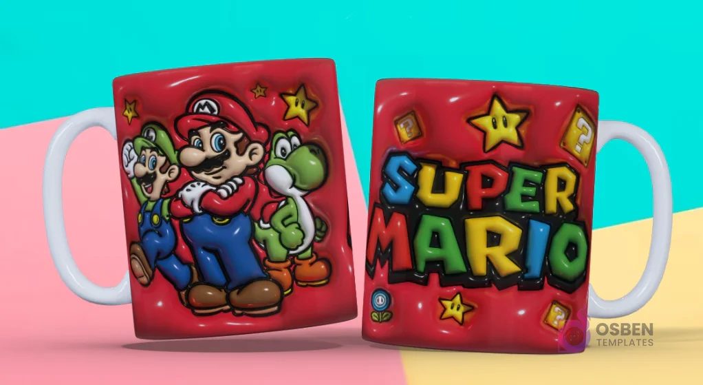 Taza sublimada con plantilla 3D de Super Mario, Luigi y Yoshi