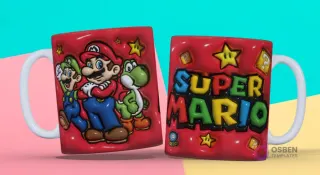 Taza sublimada con plantilla 3D de Super Mario, Luigi y Yoshi