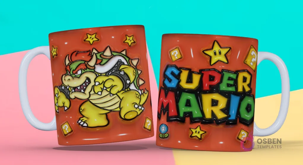Taza sublimada con plantilla 3D de Bowser de Super Mario y estrellas