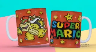 Taza sublimada con plantilla 3D de Bowser de Super Mario y estrellas