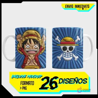 Taza 3D con diseño de Monkey D. Luffy de One Piece sonriendo con brazos en alto y Jolly Roger de los Sombrero de Paja