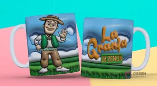 Taza 3D con diseño de Zenón de la Granja de Zenón saludando y logo "La Granja de Zenón" con fondo de campo