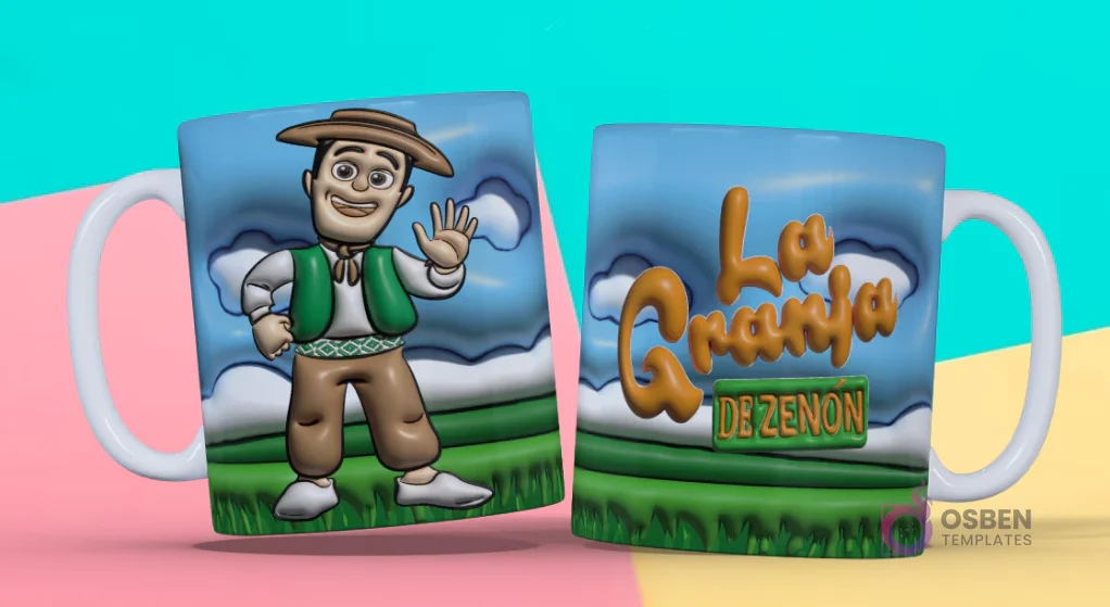 Taza 3D con diseño de Zenón de la Granja de Zenón saludando y logo "La Granja de Zenón" con fondo de campo