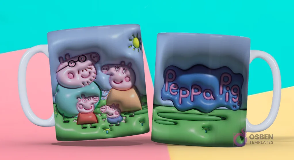 Taza 3D con diseño de Peppa Pig, George Pig, Mamá Pig y Papá Pig en 3D, y logo "Peppa Pig" con fondo verde y azul