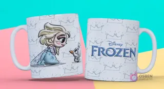 Taza 3D con diseño de la Princesa Elsa de Frozen y Olaf en estilo chibi, y logo "Disney Frozen" con coronas de fondo