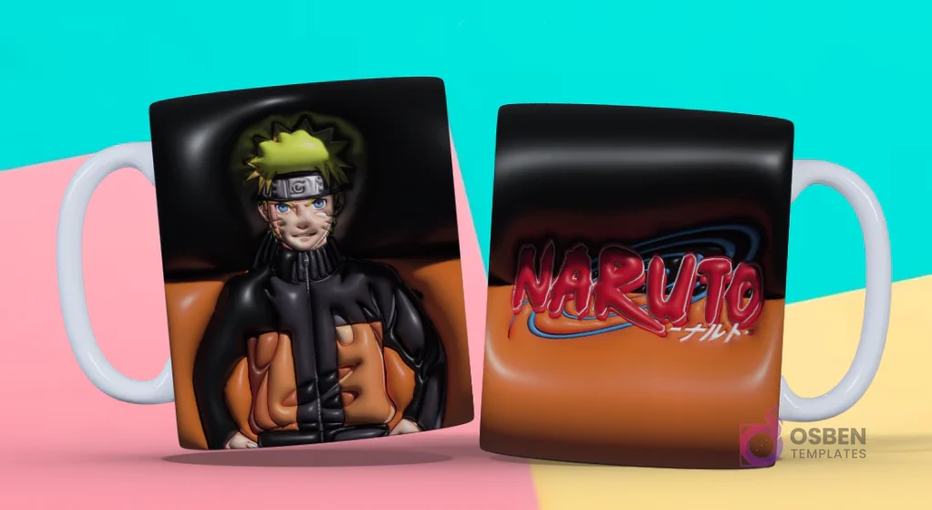 Taza 3D con diseño de Naruto Uzumaki en postura dinámica y logo "Naruto" con fondo oscuro y naranja