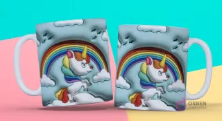 Taza 3D con diseño de unicornio blanco con cuerno arcoíris, crin de colores y nubes, con arcoíris de fondo