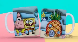 Taza 3D con diseño de Bob Esponja y Patricio Estrella, y la piña casa de Bob Esponja con fondo submarino
