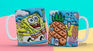 Taza 3D con diseño de Bob Esponja sonriente y la piña casa, con burbujas y algas de fondo