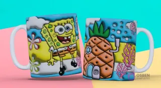 Taza 3D con diseño de Bob Esponja con traje de corbata roja y la piña casa, con flores submarinas