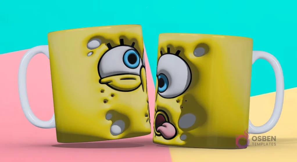 Taza 3D con diseño de la cara sorprendida de Bob Esponja en primer plano, ocupando toda la superficie