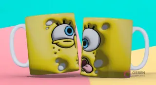 Taza 3D con diseño de la cara sorprendida de Bob Esponja en primer plano, ocupando toda la superficie
