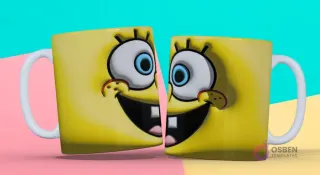 Taza 3D con diseño de la cara sonriente de Bob Esponja con dientes de conejo, ocupando toda la superficie