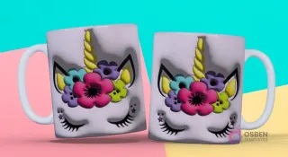Taza 3D con diseño de cara de unicornio durmiendo con ojos cerrados, pestañas largas y flores de colores como cuerno