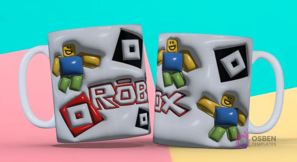 Taza 3D con diseño de personajes noobs clásicos de Roblox, logo de Roblox y elementos cuadrados en fondo blanco