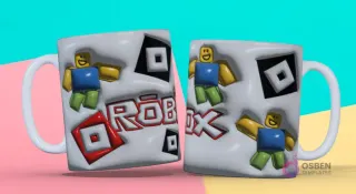 Taza 3D con diseño de personajes noobs clásicos de Roblox, logo de Roblox y elementos cuadrados en fondo blanco