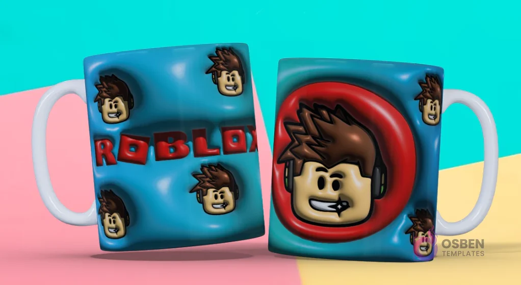 Taza 3D con diseño de un personaje de Roblox con cabello castaño, auriculares y logo de Roblox en fondo azul
