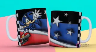 Taza 3D con diseño de Sonic the Hedgehog corriendo, con bandera de cuadros y estrellas en fondo azul y rojo