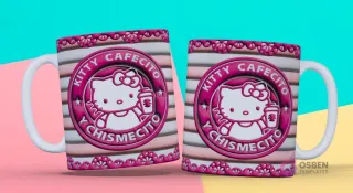 Taza 3D con diseño de Hello Kitty sosteniendo un vaso de café y texto "Kitty Cafecito y Chismecito" con rayas rosas