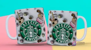 Taza 3D con diseño de logo de Starbucks y texto "Cafecito y Chisme" con vasos y dulces alrededor