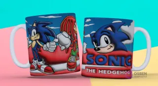 Taza 3D con diseño de Sonic y Knuckles, con logo "Sonic The Hedgehog" en fondo azul y rojo