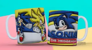 Taza 3D con diseño de Sonic en sus diferentes versiones (normal, súper) con logo "Sonic The Hedgehog" en fondo amarillo y azul