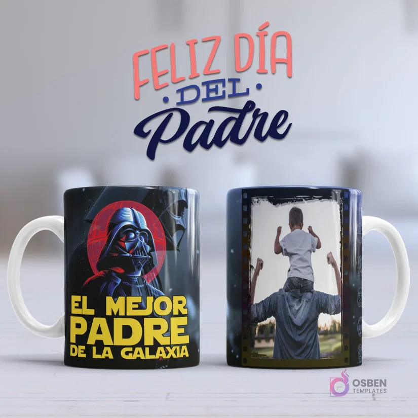 Mockup taza sublimada Día del Padre con diseño Darth Vader 'El Mejor Padre de la Galaxia' y foto padre e hijo con marco de película