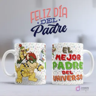 Mockup taza sublimada Día del Padre con diseño de Bowser de Super Mario y texto 'El Mejor Padre del Universo' con patrón de bloques