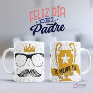 Mockup taza sublimada con diseño elegante de bigote, gafas y corona, y trofeo dorado con texto 'El Mejor Tío del Mundo'