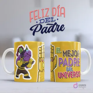 Mockup taza sublimada Día del Padre amarilla con diseño de Thanos llevando a Gamora y mensaje 'El Mejor Padre del Universo' con Mano del Infinito