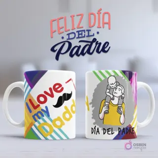 Mockup taza sublimada con diseño colorido y geométrico 'I Love my Daddy' con bigote y dibujo de padre e hijo