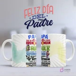 Mockup taza sublimada Día del Padre con texto que compara a papá con superhéroes: Iron Man, Hulk, Superman, Batman