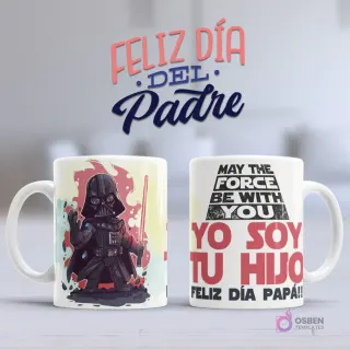 Mockup taza sublimada Día del Padre con Darth Vader chibi y sable de luz, y mensaje 'May the Force be with you, Yo Soy Tu Hijo'