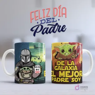 Mockup taza sublimada Día del Padre con El Mandaloriano y Baby Yoda 'Galaxy Best Dad' y 'De la Galaxia el Mejor Padre Soy'