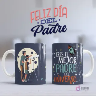 Mockup taza sublimada Día del Padre con ilustración de padre e hijo mirando estrellas con telescopio y texto 'Eres el Mejor Padre del Universo'