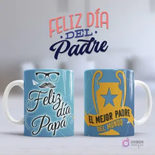 Mockup taza sublimada Día del Padre azul claro con 'Feliz día Papá' con bigote y gafas, y trofeo 'El Mejor Padre del Mundo'