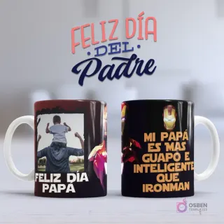 Mockup taza sublimada Día del Padre con foto personalizada de padre e hijo y mensaje humorístico 'Mi Papá es más guapo e inteligente que Iron Man'