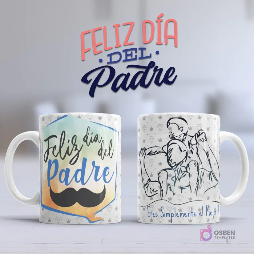 Mockup taza sublimada Día del Padre con diseño acuarela 'Feliz día del Padre' con bigote y dibujo lineal de padre e hijo 'Eres Simplemente el Mejor!'