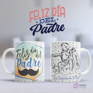 Mockup taza sublimada Día del Padre con diseño acuarela 'Feliz día del Padre' con bigote y dibujo lineal de padre e hijo 'Eres Simplemente el Mejor!'