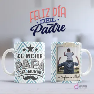 Mockup taza sublimada Día del Padre con 'EL MEJOR PAPÁ DEL MUNDO' con estrellas y bigote, y foto personalizada de padre e hijo con marco zigzag