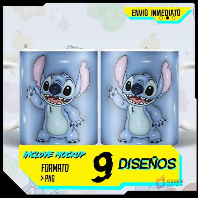 Taza sublimada con diseño 3D inflado de Stitch saludando sobre fondo azul claro, con información de 'Envío Inmediato' y '9 Diseños PNG' en la imagen.