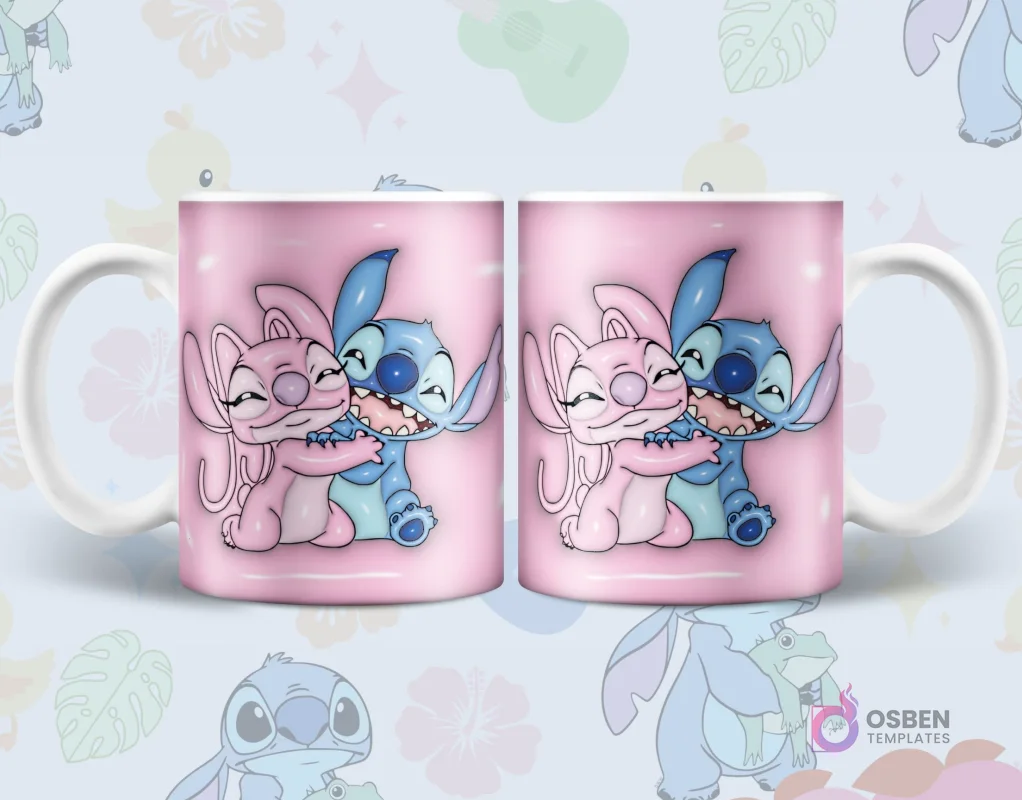 Par de tazas sublimadas con diseño 3D inflado de Stitch y Angel abrazándose tiernamente sobre fondo rosa claro con detalles florales.