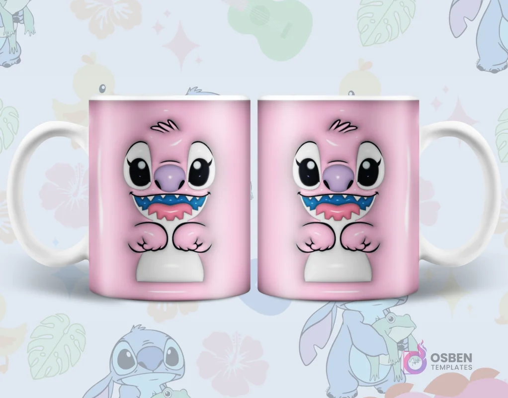 Par de tazas sublimadas con primer plano del rostro 3D inflado de Angel, sonriendo ampliamente y mostrando sus dientes, sobre fondo rosa claro con motivos de Lilo y Stitch.