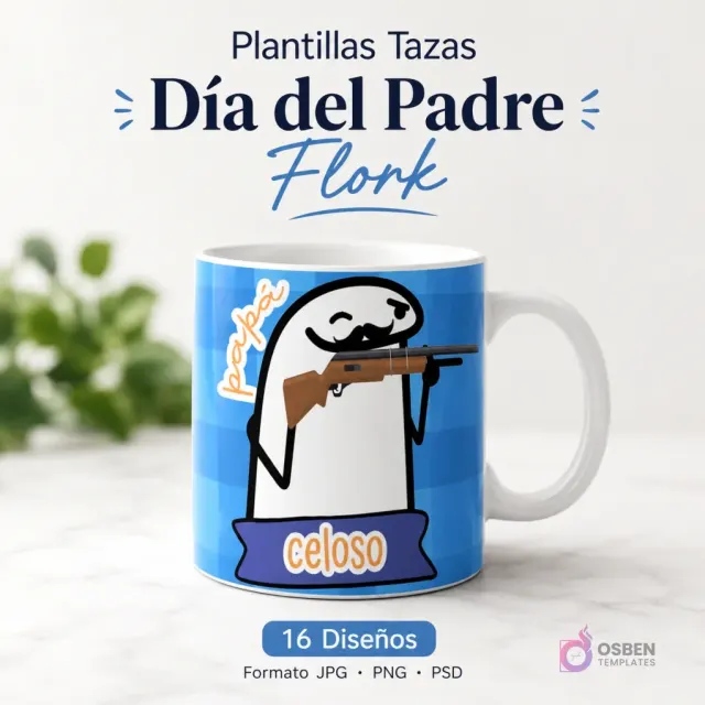 Plantilla para sublimar taza del Día del Padre con Flork 'celoso' sosteniendo un rifle, sobre fondo azul a cuadros. Presenta el título del pack.