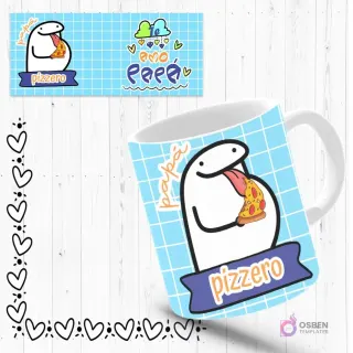 Mockup de taza sublimada del Día del Padre con Flork 'pizzero' comiendo pizza, fondo azul a cuadros. Incluye plantilla de diseño con mensaje 'Te amo papá'.