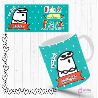 Mockup de taza sublimada con Flork 'canchero' usando gafas de sol, fondo verde agua con corazones. Incluye plantilla de diseño con mensaje 'Feliz Día Papá'.