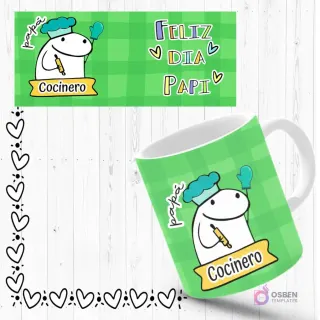 Mockup de taza sublimada con Flork 'cocinero' usando gorro de chef y sosteniendo un rodillo, fondo verde a cuadros. Incluye plantilla de diseño con mensaje 'Feliz Día Papi'.