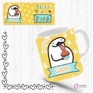 Mockup de taza sublimada con Flork 'goloso' comiendo un cupcake, fondo amarillo con cruces. Incluye plantilla de diseño con mensaje 'Feliz Día Papá'.